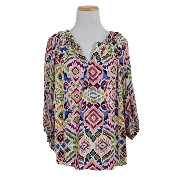 Beach lunch lounge Colorful Ikat Popover V Neck Blouse Size M - Picture 1 of 16